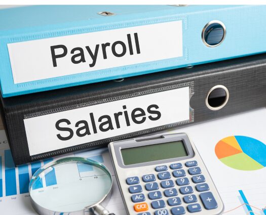 Binders labeled "Payroll" and "Salaries" with a calculator.